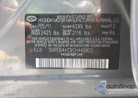 2012 Hyundai Sonata Gls from USA, damaged, VIN 5NPEB4AC9CH440922